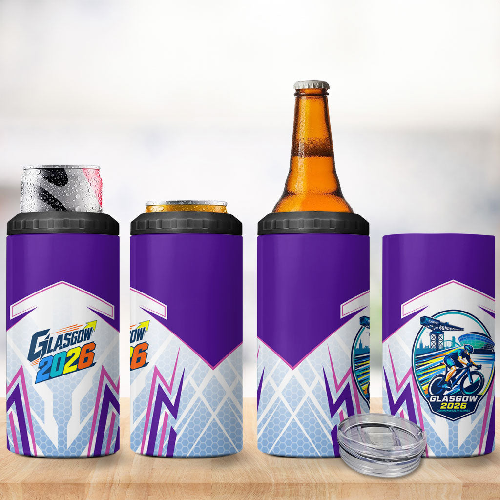 Glasgow 2026 4 in 1 Can Cooler Tumbler Scotland Dynamic Geometric Athlete Graphic Art