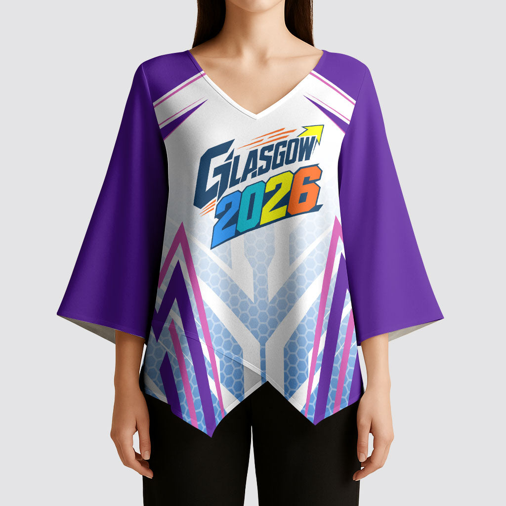 Glasgow 2026 Kimono Sleeve Blouse Scotland Dynamic Geometric Athlete Graphic Art