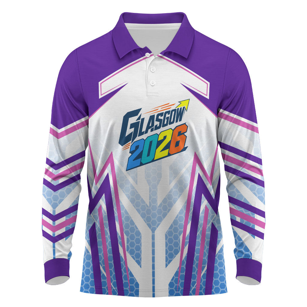 Glasgow 2026 Long Sleeve Polo Shirt Scotland Dynamic Geometric Athlete Graphic Art