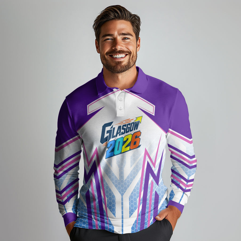 Glasgow 2026 Long Sleeve Polo Shirt Scotland Dynamic Geometric Athlete Graphic Art