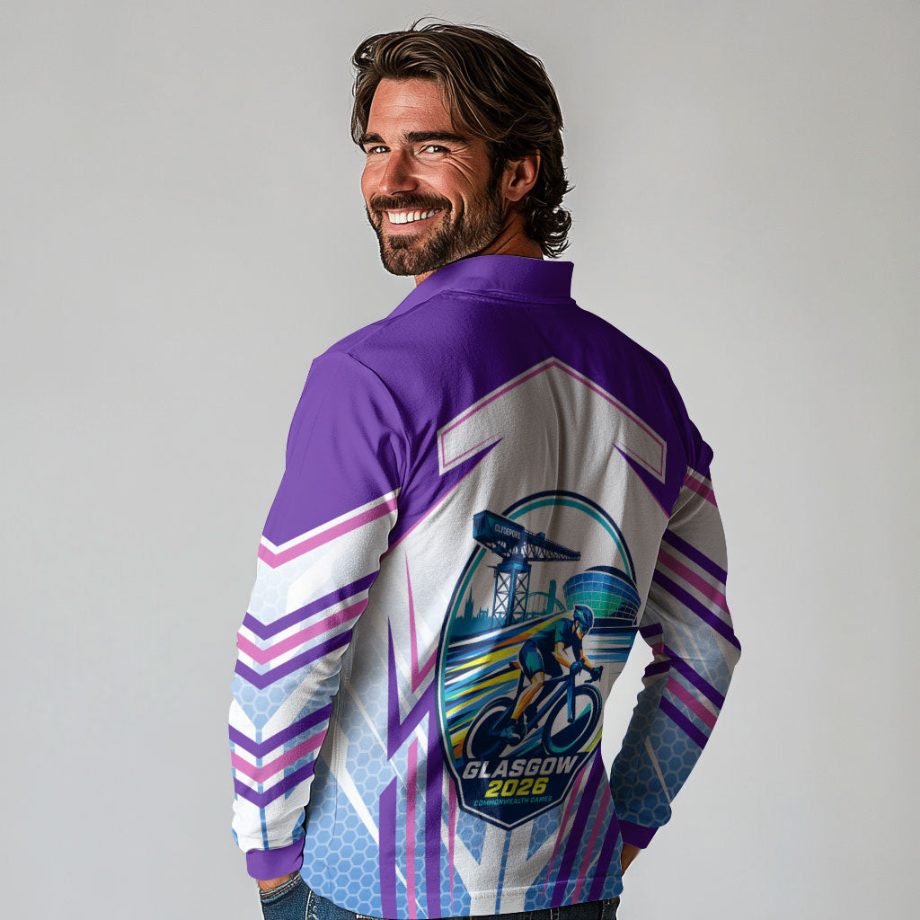 Glasgow 2026 Long Sleeve Polo Shirt Scotland Dynamic Geometric Athlete Graphic Art