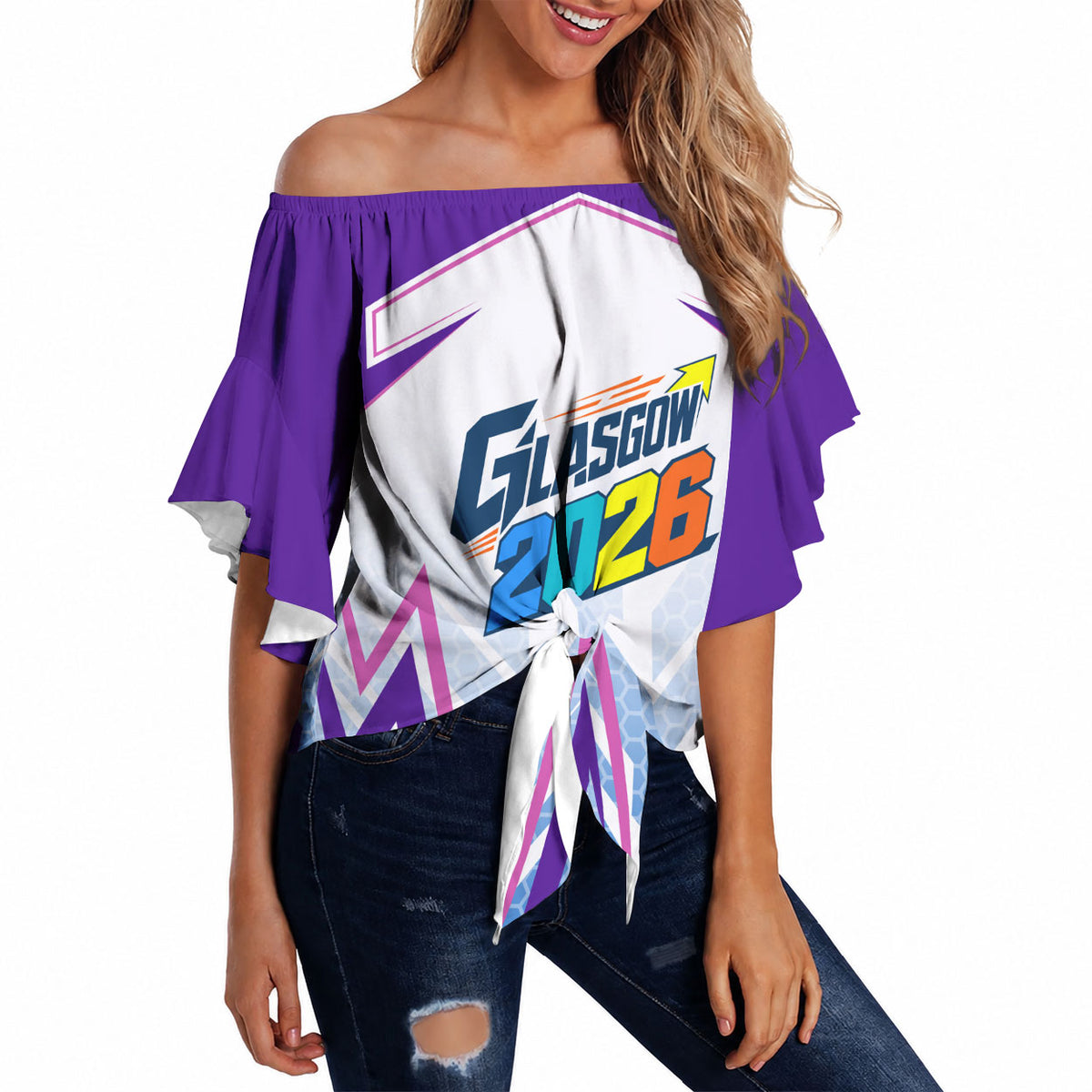 Glasgow 2026 Off Shoulder Wrap Waist Top Scotland Dynamic Geometric Athlete Graphic Art