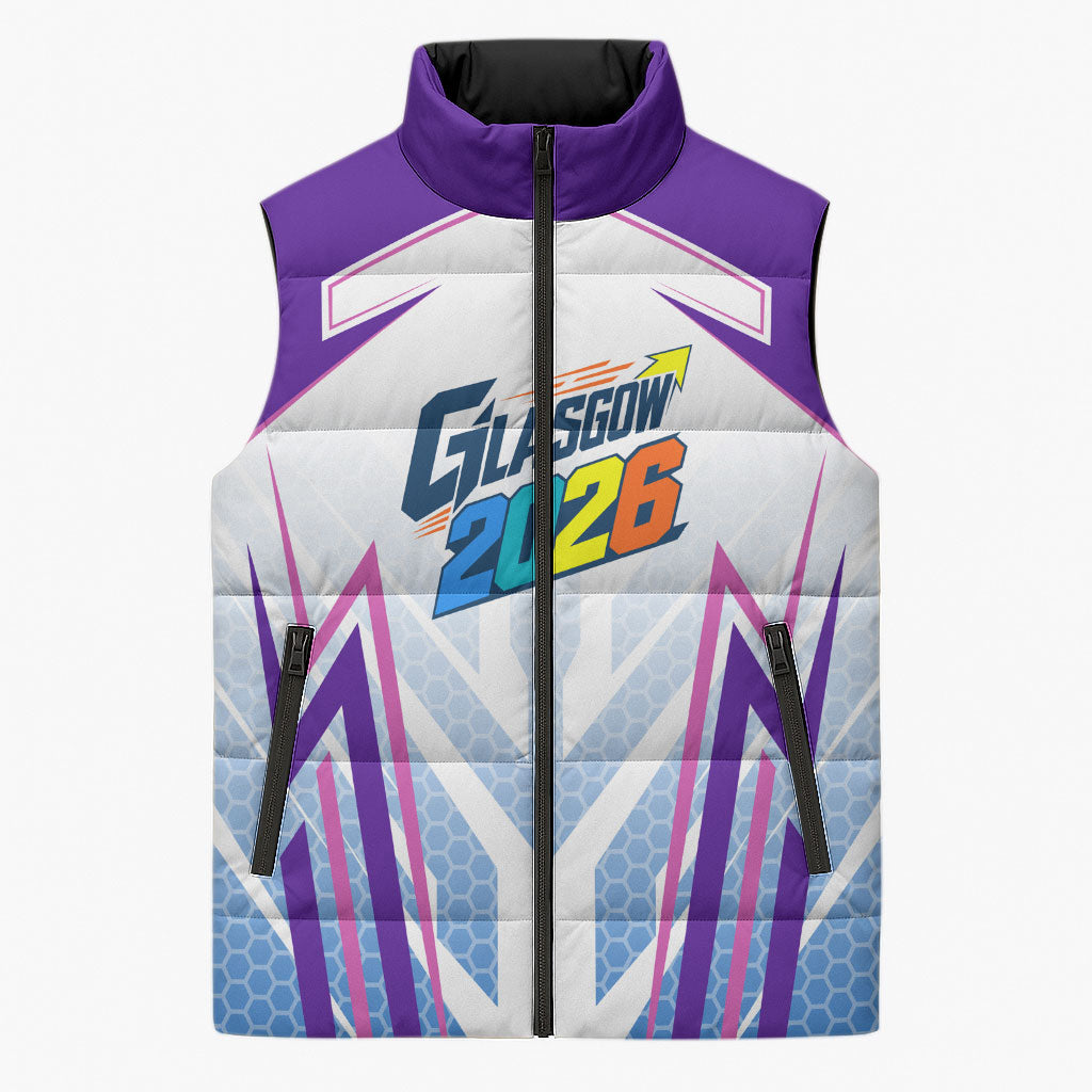 Glasgow 2026 Sleeveless Puffer Jacket Scotland Dynamic Geometric Athlete Graphic Art
