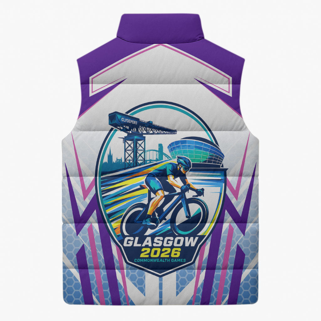 Glasgow 2026 Sleeveless Puffer Jacket Scotland Dynamic Geometric Athlete Graphic Art
