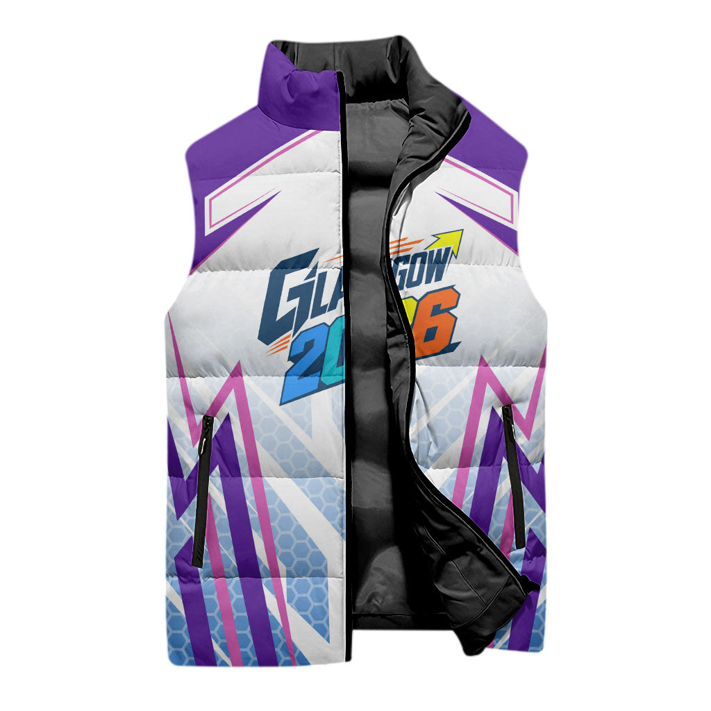 Glasgow 2026 Sleeveless Puffer Jacket Scotland Dynamic Geometric Athlete Graphic Art