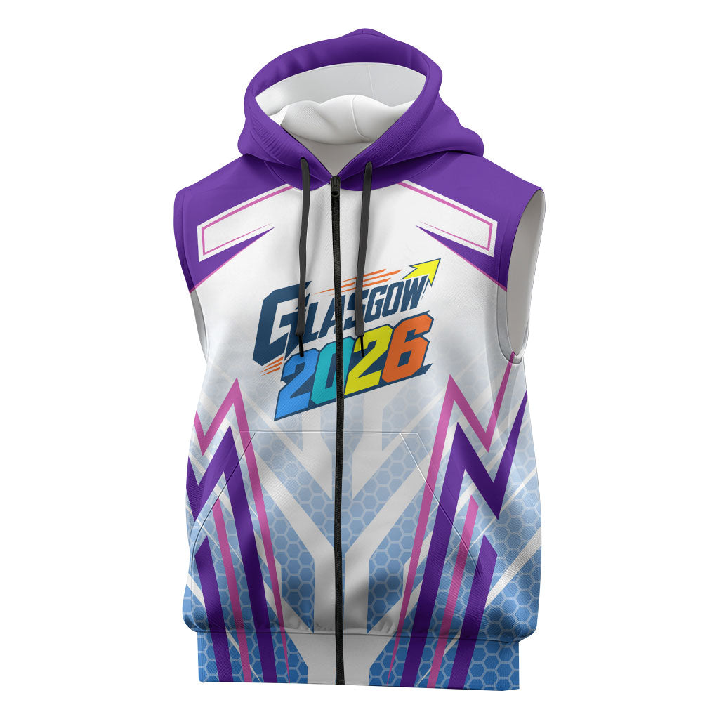 Glasgow 2026 Sleeveless Zip Hoodie Scotland Dynamic Geometric Athlete Graphic Art