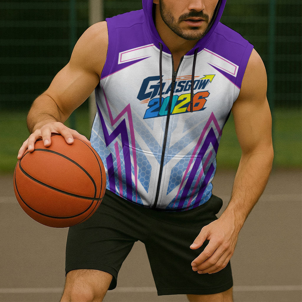 Glasgow 2026 Sleeveless Zip Hoodie Scotland Dynamic Geometric Athlete Graphic Art