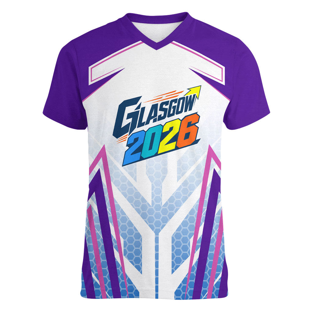 Glasgow 2026 Women V-Neck T-Shirt Scotland Dynamic Geometric Athlete Graphic Art