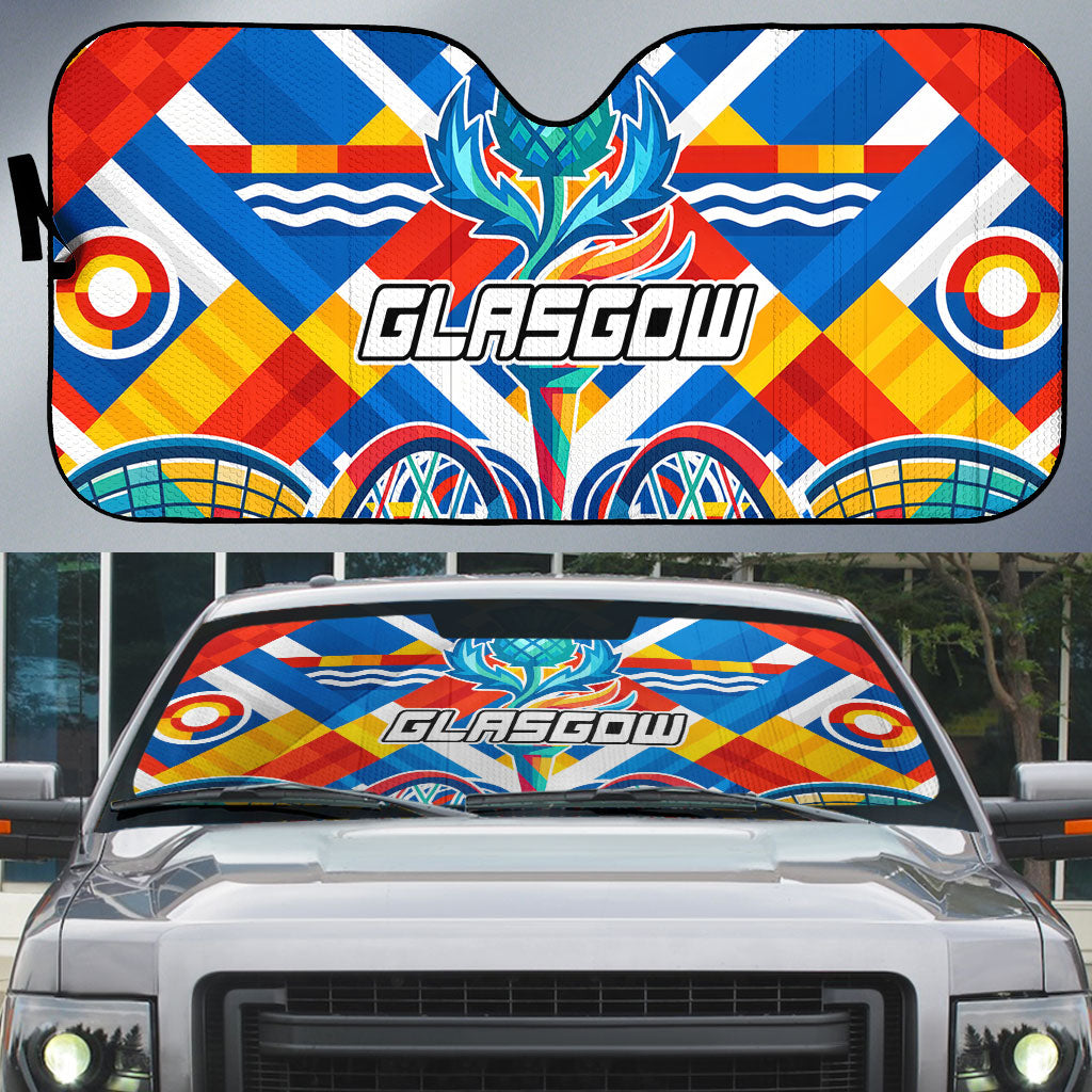 Glasgow 2026 Scotland Auto Sun Shade Thistle Vibrant Tartan Cartoon Character
