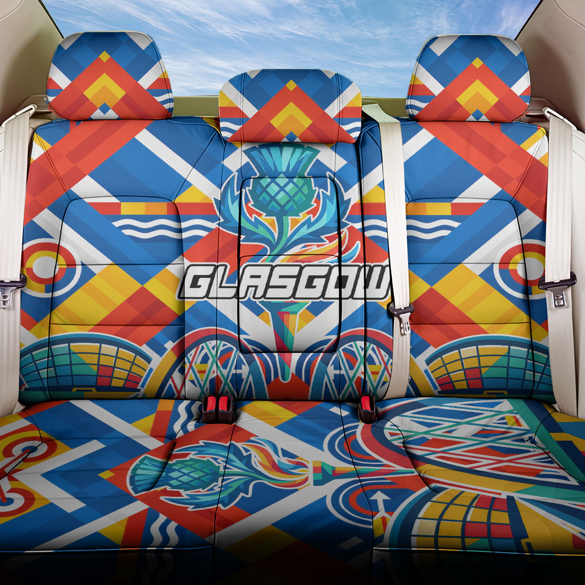 Glasgow 2026 Scotland Back Car Seat Cover Thistle Vibrant Tartan Cartoon Character