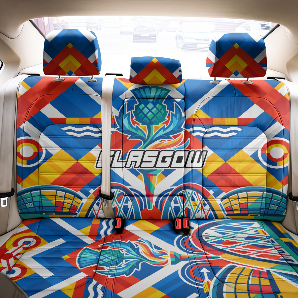 Glasgow 2026 Scotland Back Car Seat Cover Thistle Vibrant Tartan Cartoon Character