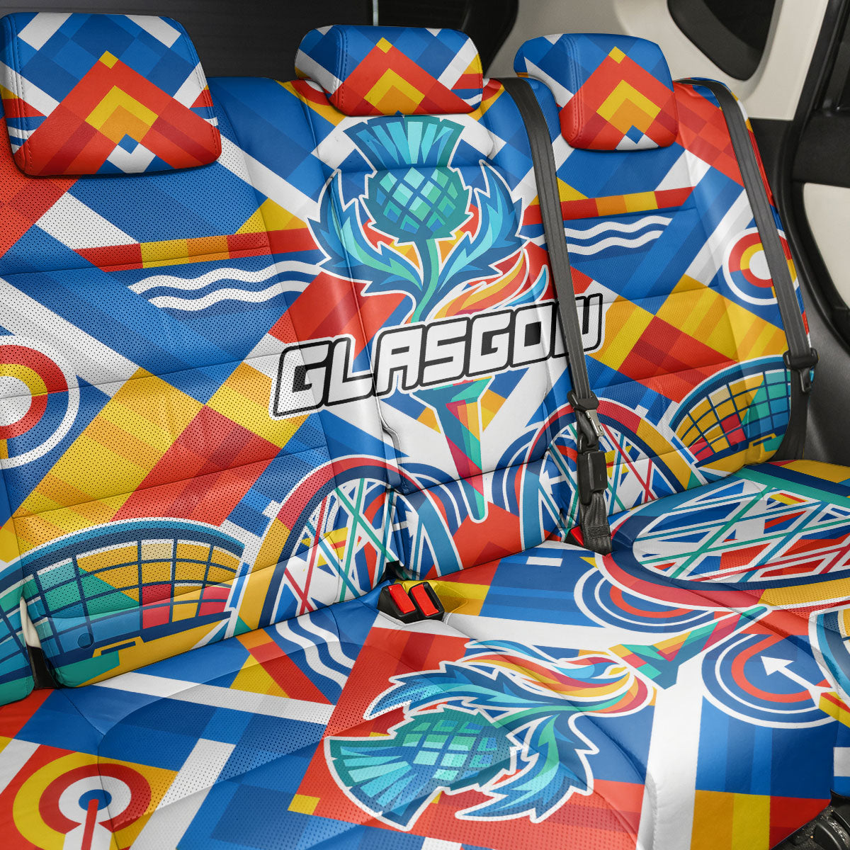 Glasgow 2026 Scotland Back Car Seat Cover Thistle Vibrant Tartan Cartoon Character