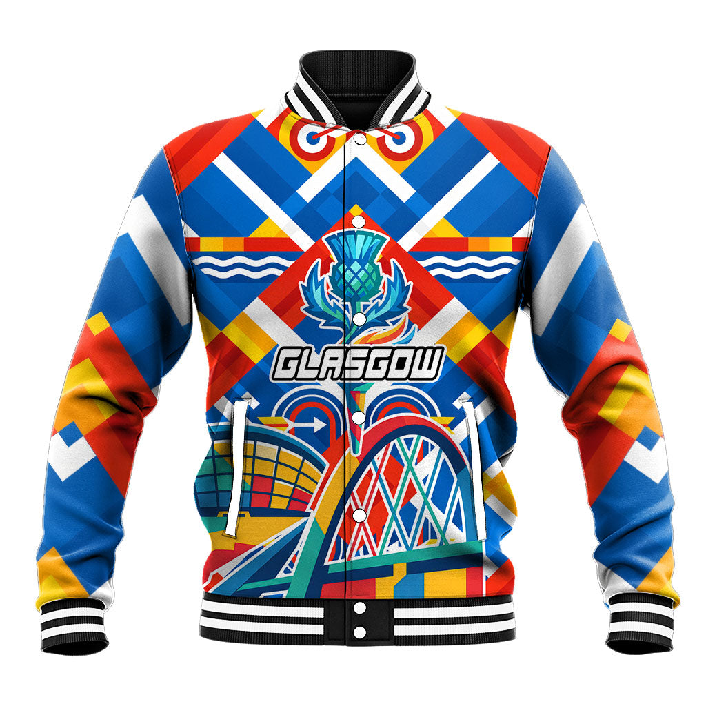 Glasgow 2026 Scotland Baseball Jacket Thistle Vibrant Tartan Cartoon Character