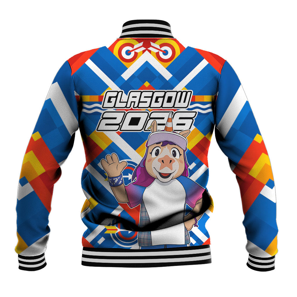 Glasgow 2026 Scotland Baseball Jacket Thistle Vibrant Tartan Cartoon Character