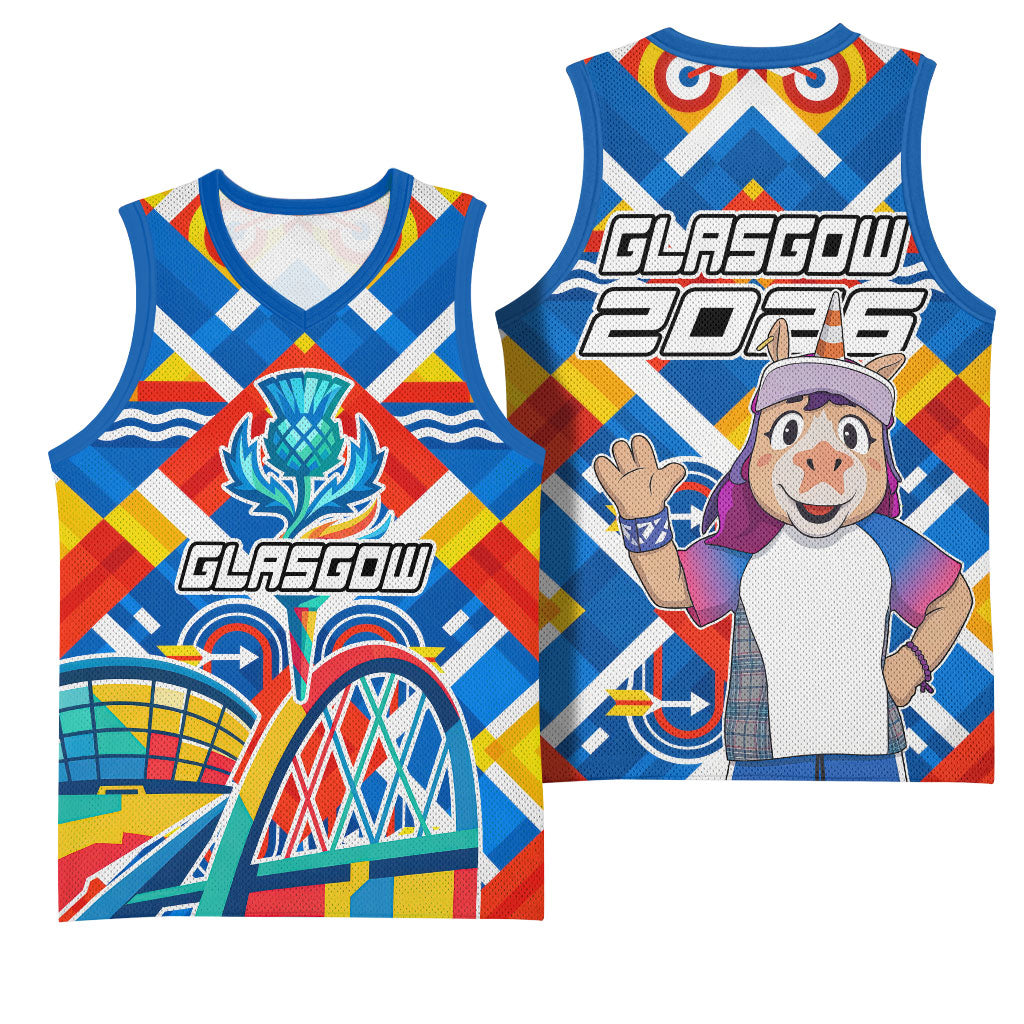 Glasgow 2026 Scotland Basketball Jersey Thistle Vibrant Tartan Cartoon Character