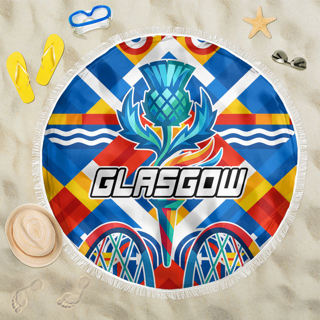 Glasgow 2026 Scotland Beach Blanket Thistle Vibrant Tartan Cartoon Character