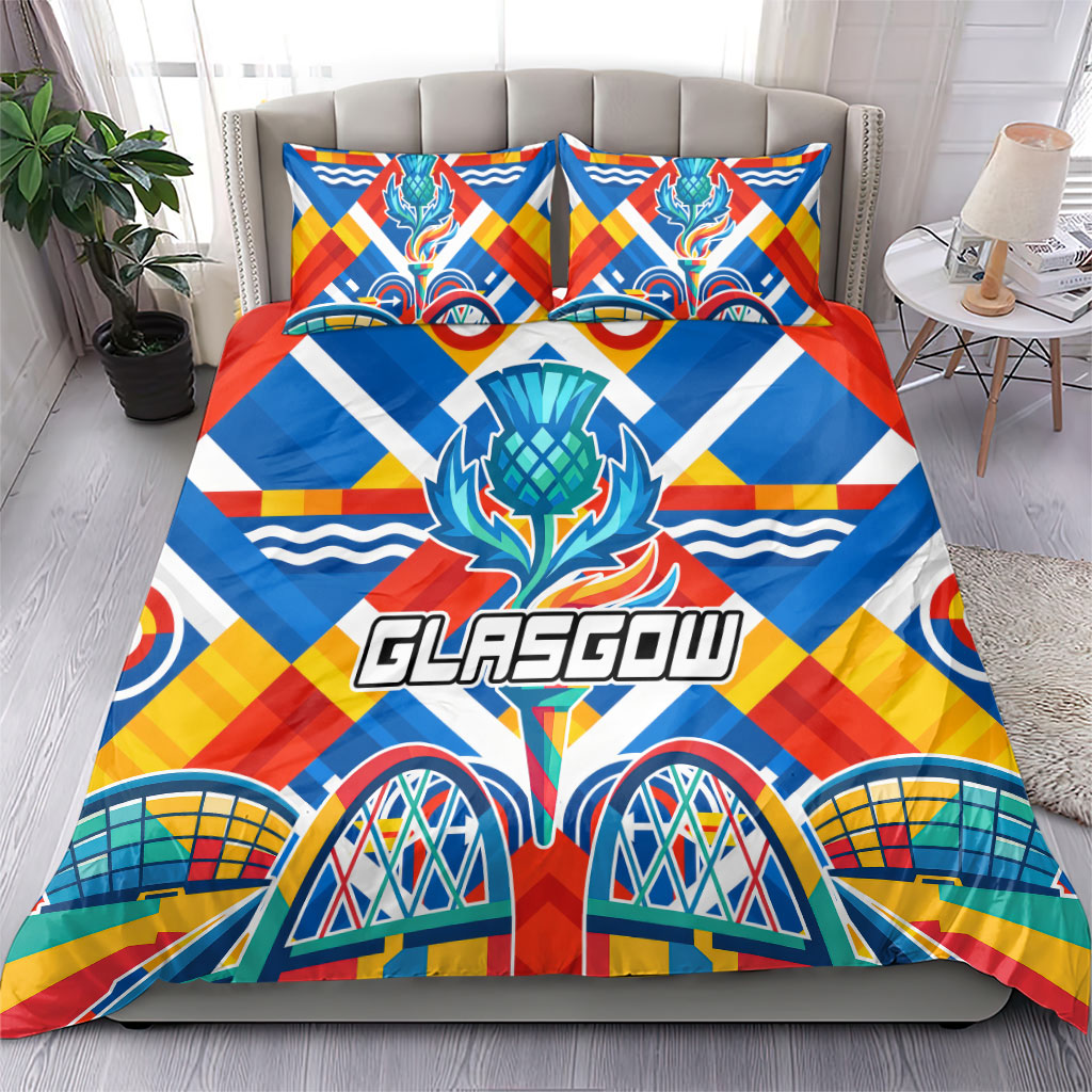 Glasgow 2026 Scotland Bedding Set Thistle Vibrant Tartan Cartoon Character
