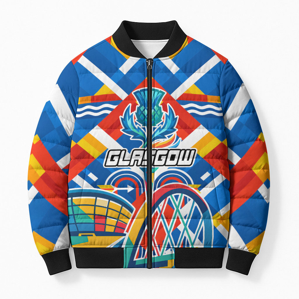 Glasgow 2026 Scotland Bomber Puffer Jacket Thistle Vibrant Tartan Cartoon Character