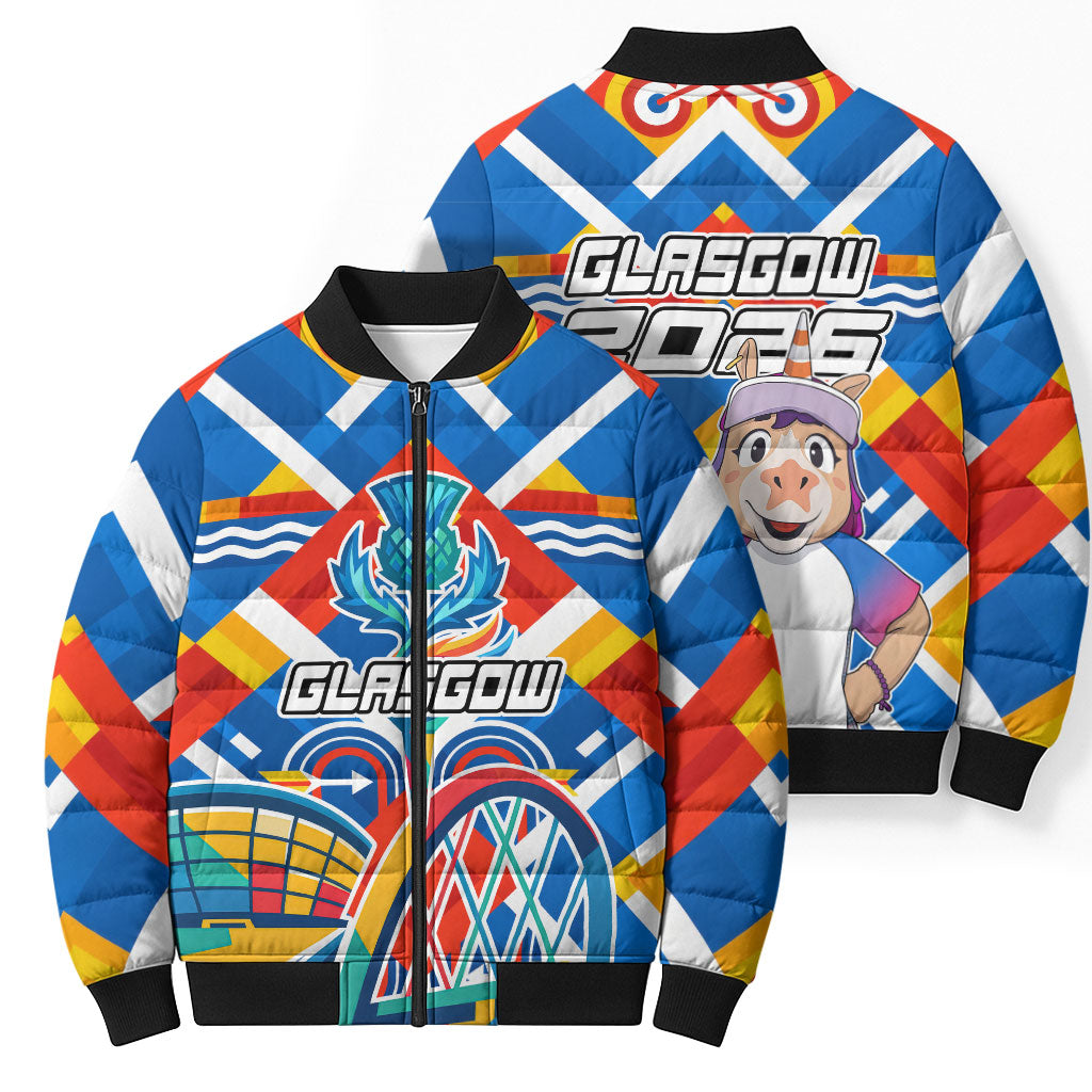 Glasgow 2026 Scotland Bomber Puffer Jacket Thistle Vibrant Tartan Cartoon Character