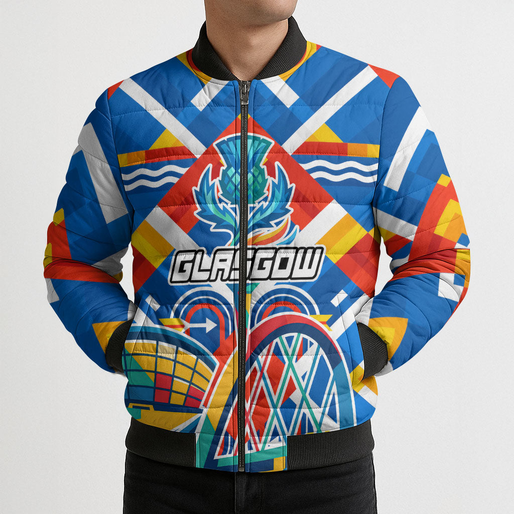 Glasgow 2026 Scotland Bomber Puffer Jacket Thistle Vibrant Tartan Cartoon Character