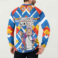 Glasgow 2026 Scotland Button Sweatshirt Thistle Vibrant Tartan Cartoon Character