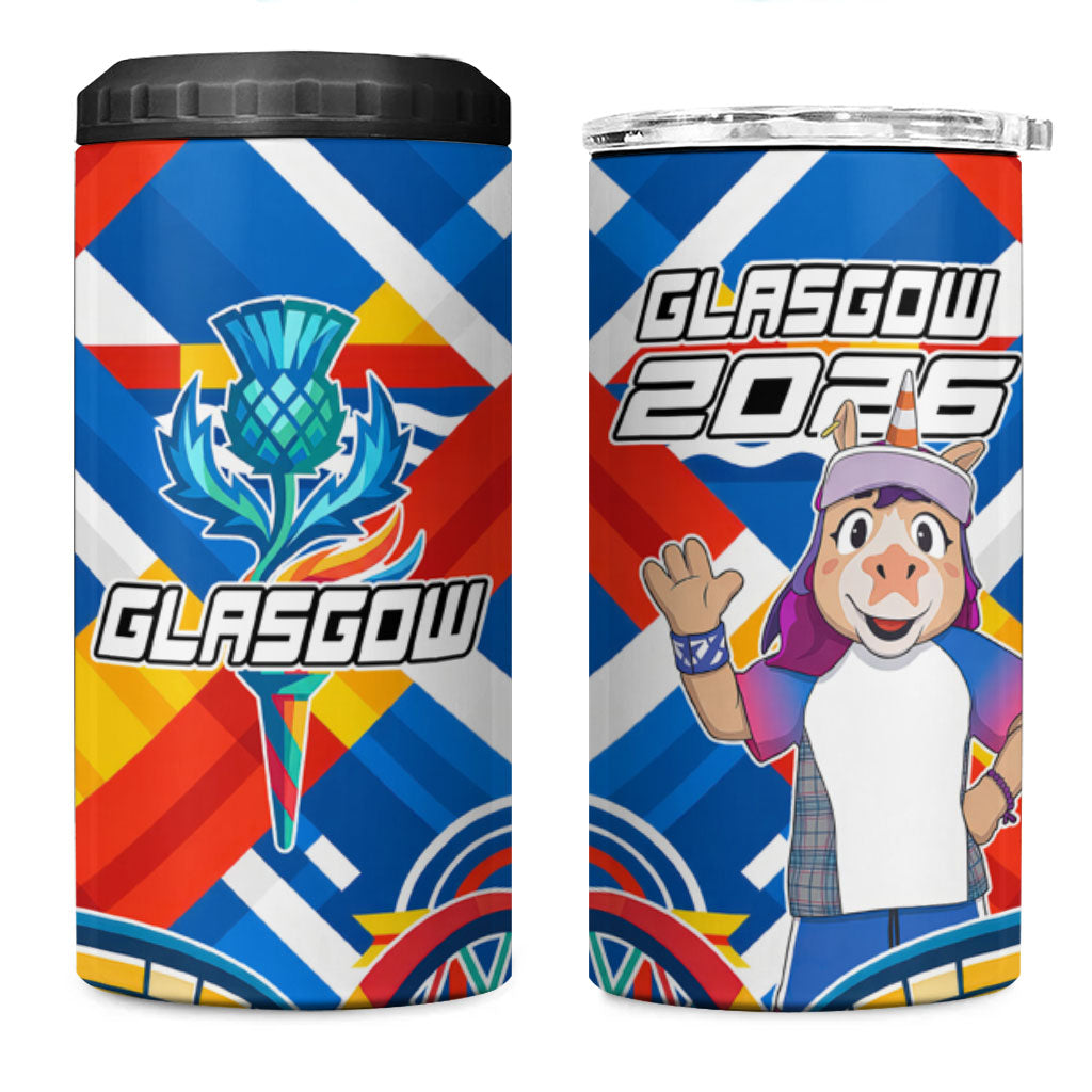 Glasgow 2026 Scotland 4 in 1 Can Cooler Tumbler Thistle Vibrant Tartan Cartoon Character