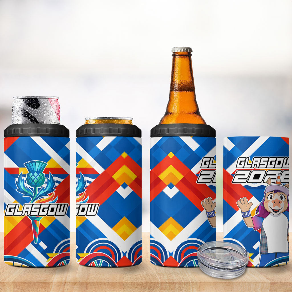Glasgow 2026 Scotland 4 in 1 Can Cooler Tumbler Thistle Vibrant Tartan Cartoon Character