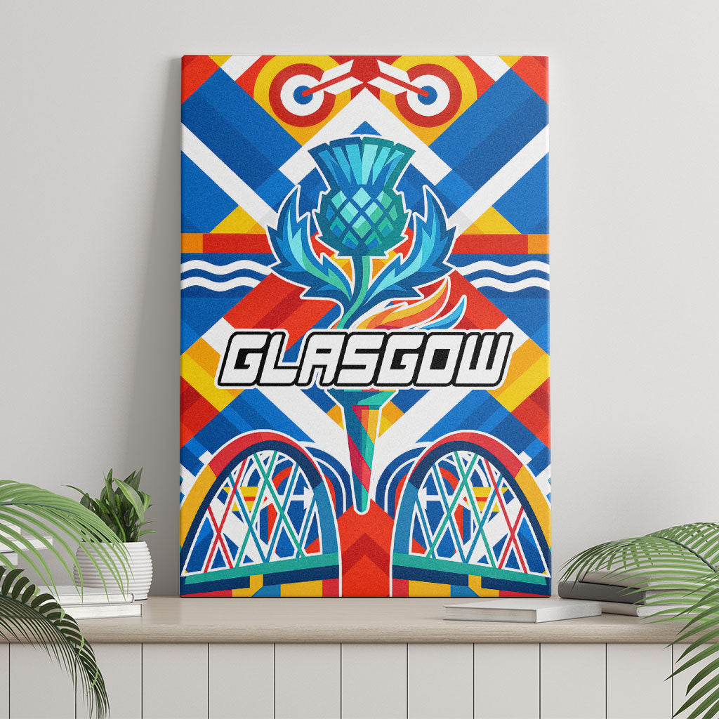 Glasgow 2026 Scotland Canvas Wall Art Thistle Vibrant Tartan Cartoon Character