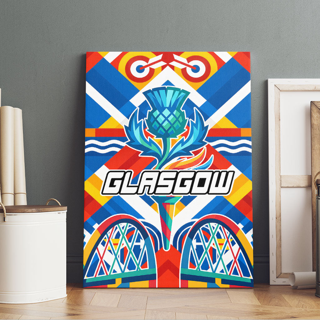 Glasgow 2026 Scotland Canvas Wall Art Thistle Vibrant Tartan Cartoon Character