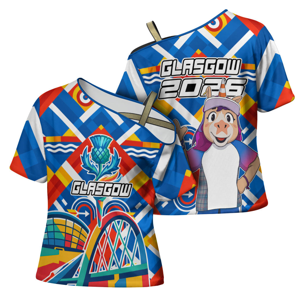 Glasgow 2026 Scotland Cross Shoulder Shirt Thistle Vibrant Tartan Cartoon Character
