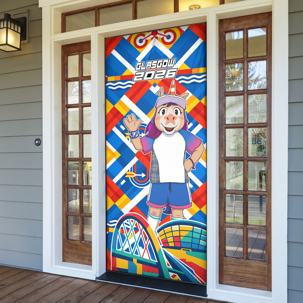 Glasgow 2026 Scotland Door Cover Thistle Vibrant Tartan Cartoon Character