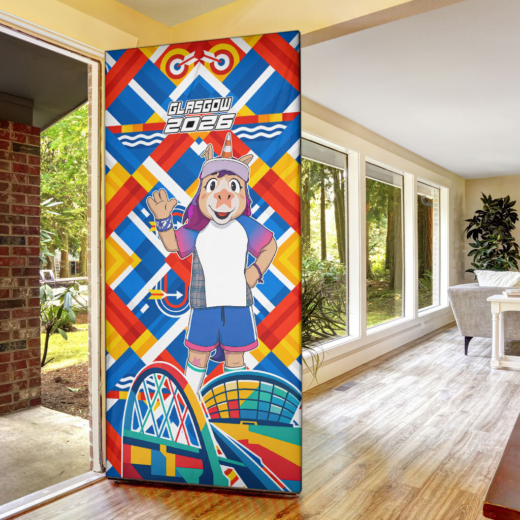 Glasgow 2026 Scotland Door Cover Thistle Vibrant Tartan Cartoon Character