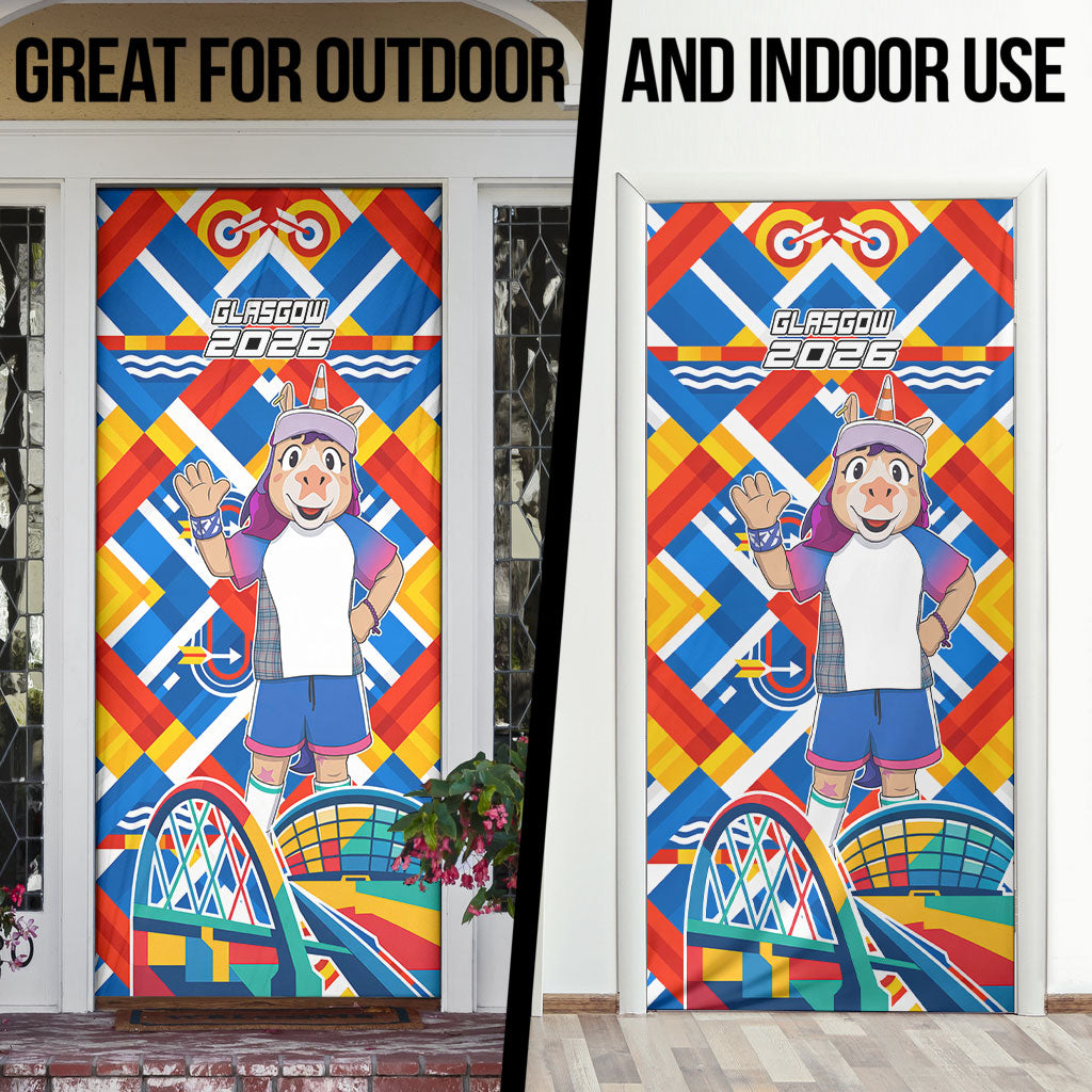 Glasgow 2026 Scotland Door Cover Thistle Vibrant Tartan Cartoon Character