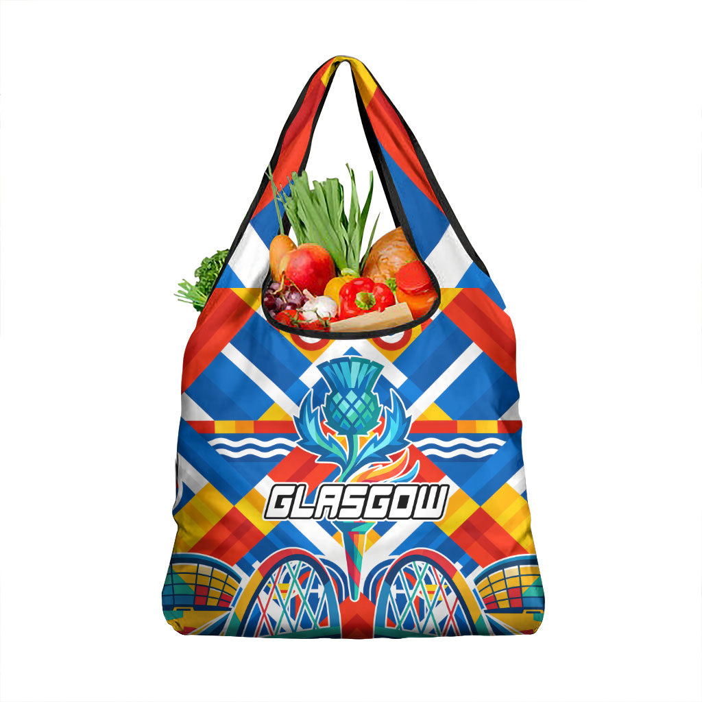 Glasgow 2026 Scotland Grocery Bag Thistle Vibrant Tartan Cartoon Character