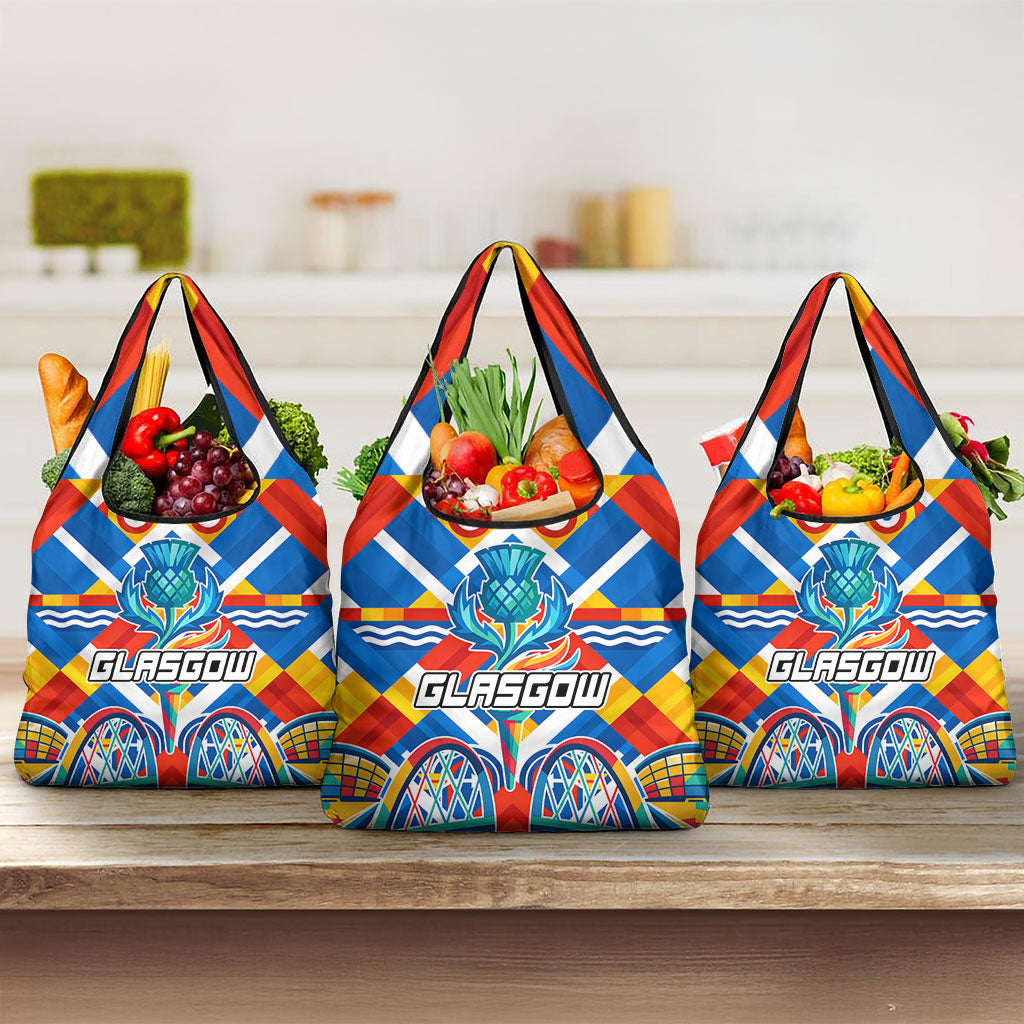 Glasgow 2026 Scotland Grocery Bag Thistle Vibrant Tartan Cartoon Character