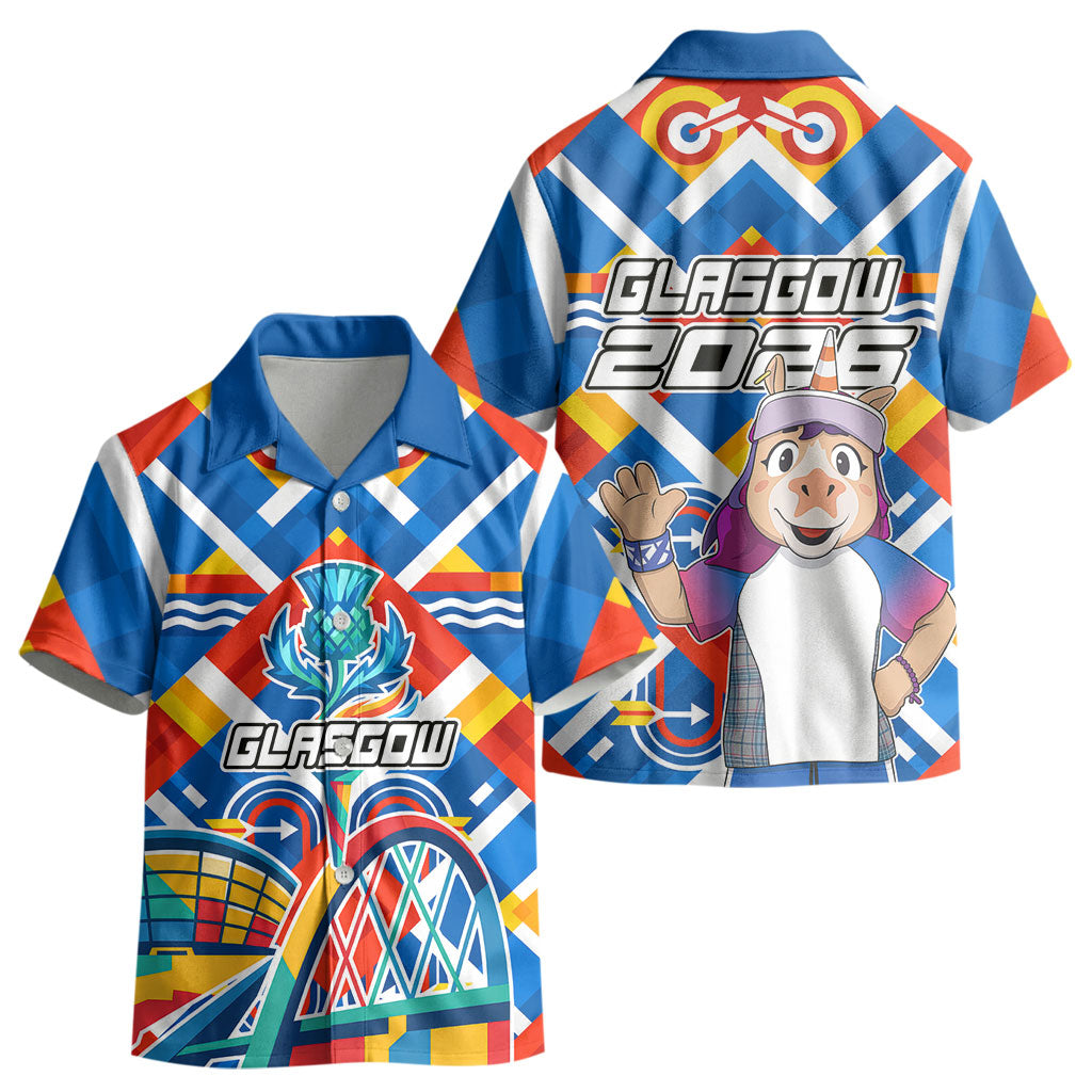 Glasgow 2026 Scotland Kid Hawaiian Shirt Thistle Vibrant Tartan Cartoon Character