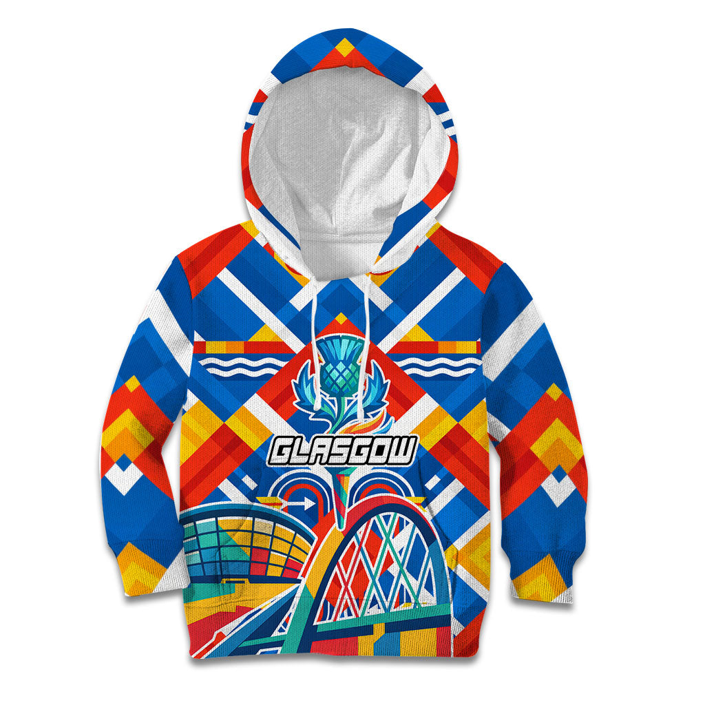 Glasgow 2026 Scotland Kid Hoodie Thistle Vibrant Tartan Cartoon Character