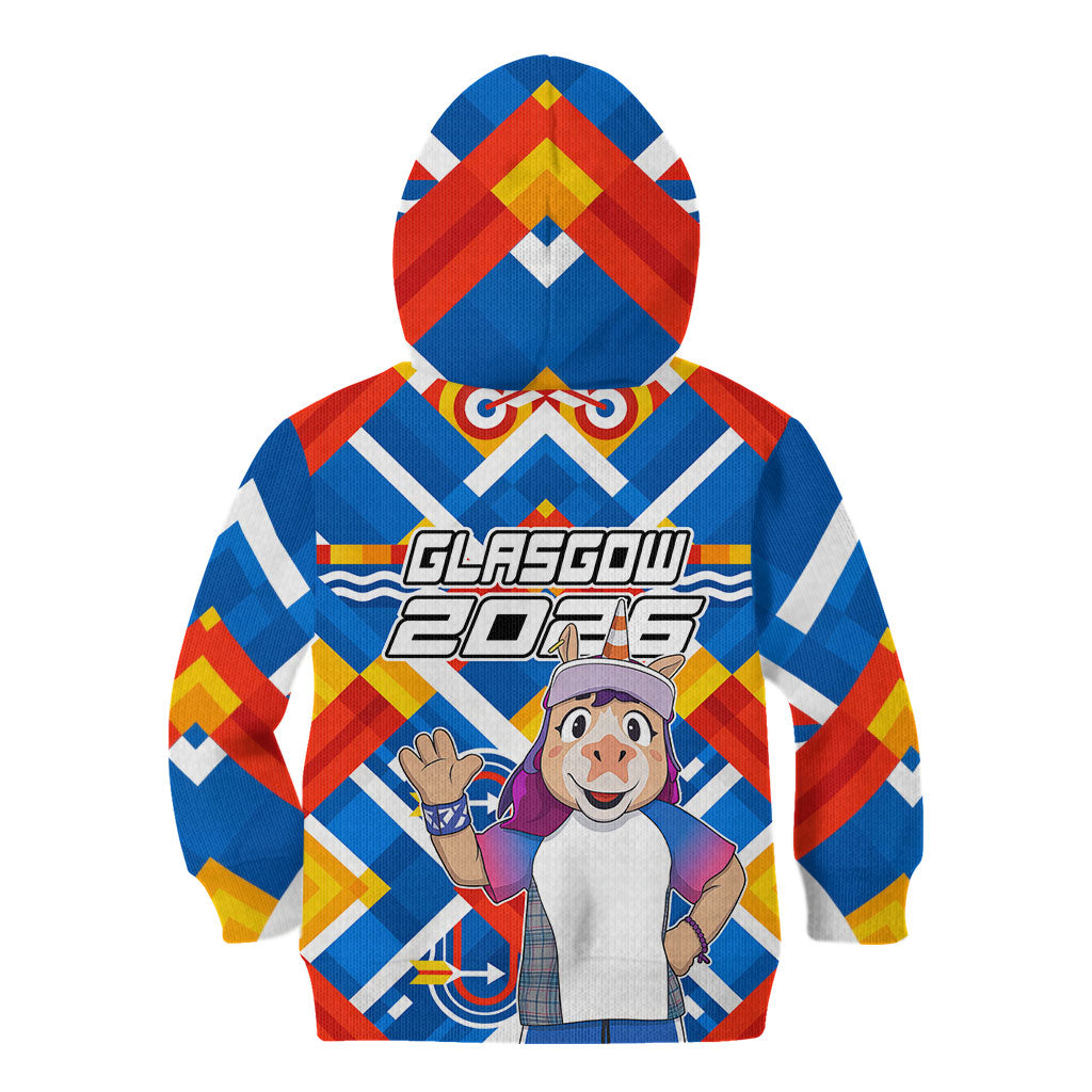Glasgow 2026 Scotland Kid Hoodie Thistle Vibrant Tartan Cartoon Character
