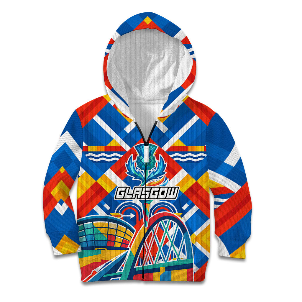 Glasgow 2026 Scotland Kid Hoodie Thistle Vibrant Tartan Cartoon Character