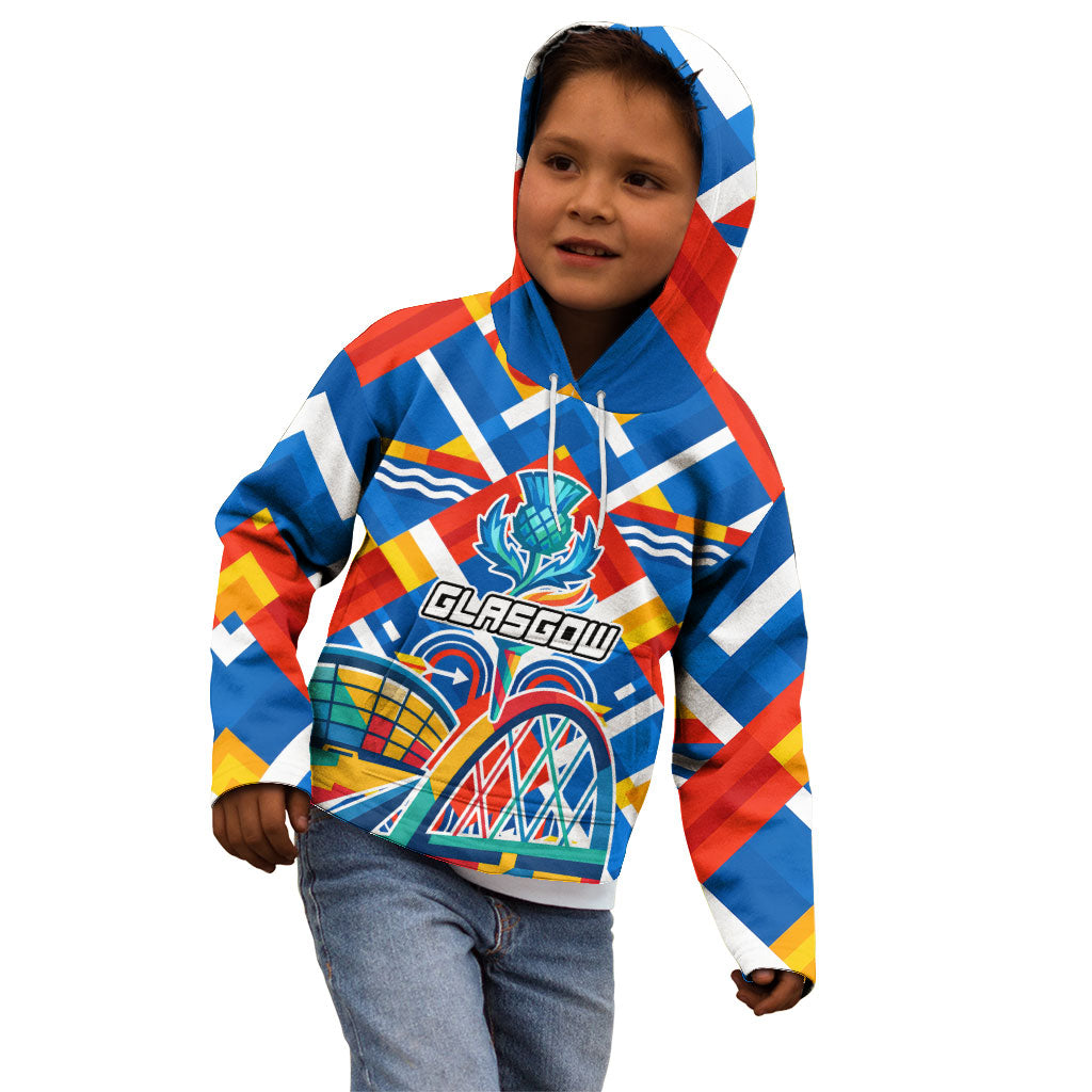 Glasgow 2026 Scotland Kid Hoodie Thistle Vibrant Tartan Cartoon Character
