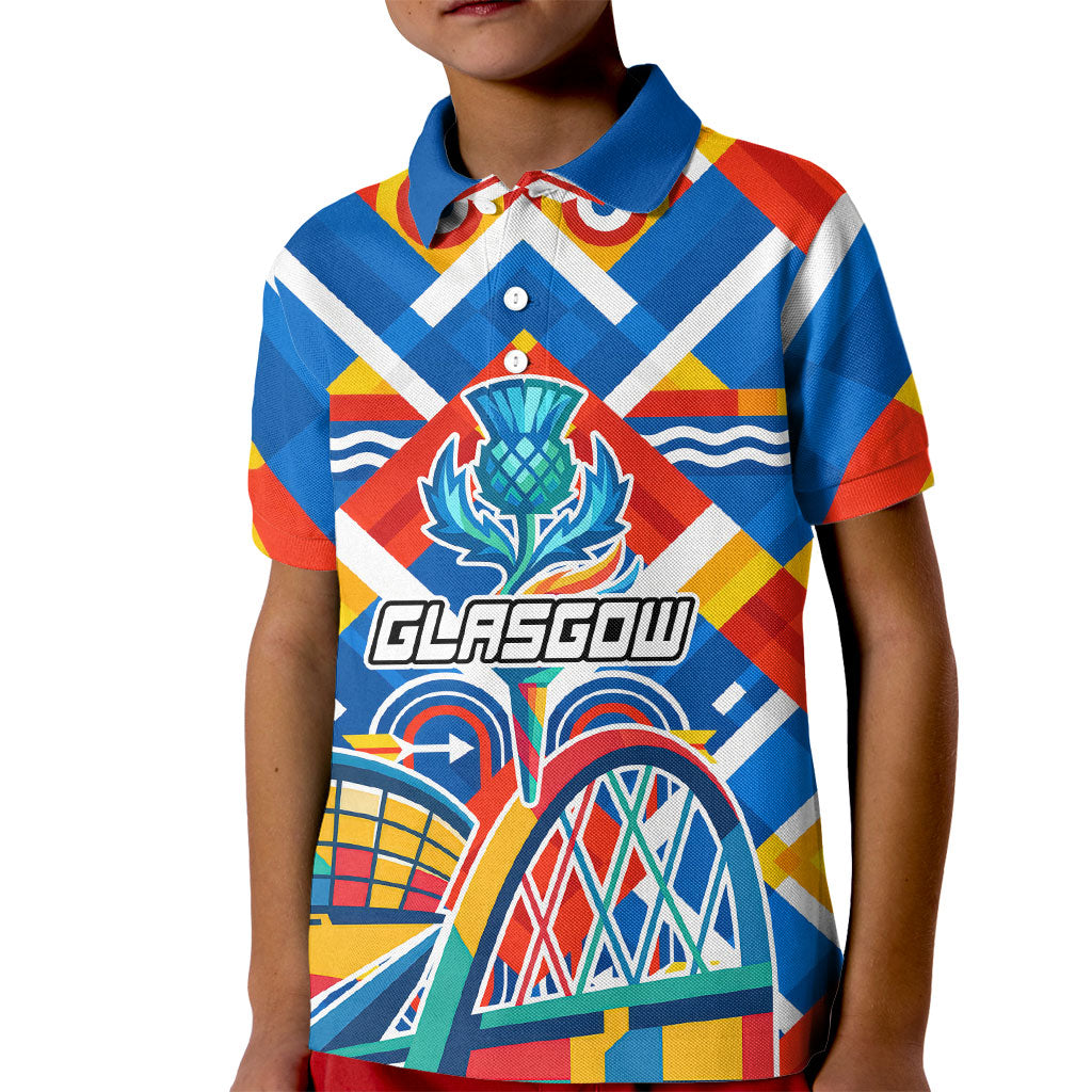 Glasgow 2026 Scotland Kid Polo Shirt Thistle Vibrant Tartan Cartoon Character