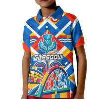 Glasgow 2026 Scotland Kid Polo Shirt Thistle Vibrant Tartan Cartoon Character
