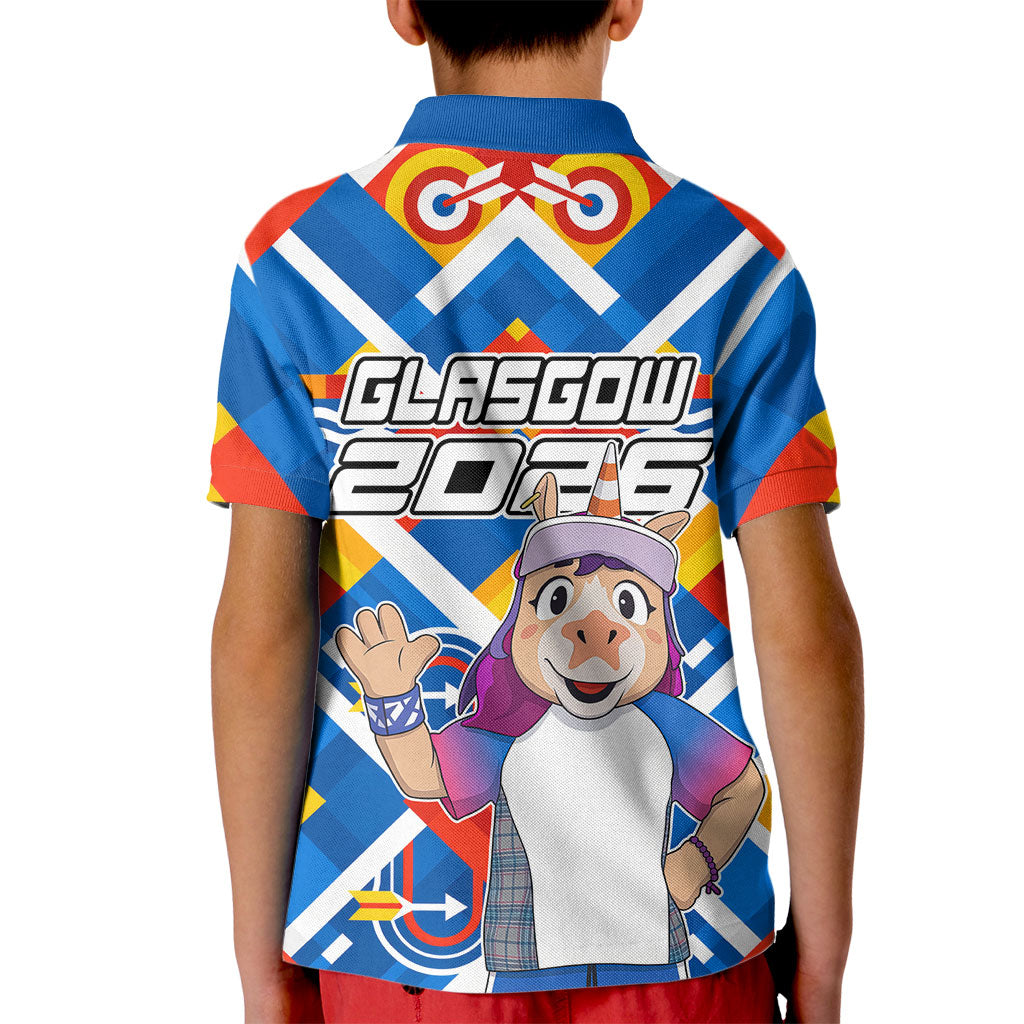 Glasgow 2026 Scotland Kid Polo Shirt Thistle Vibrant Tartan Cartoon Character