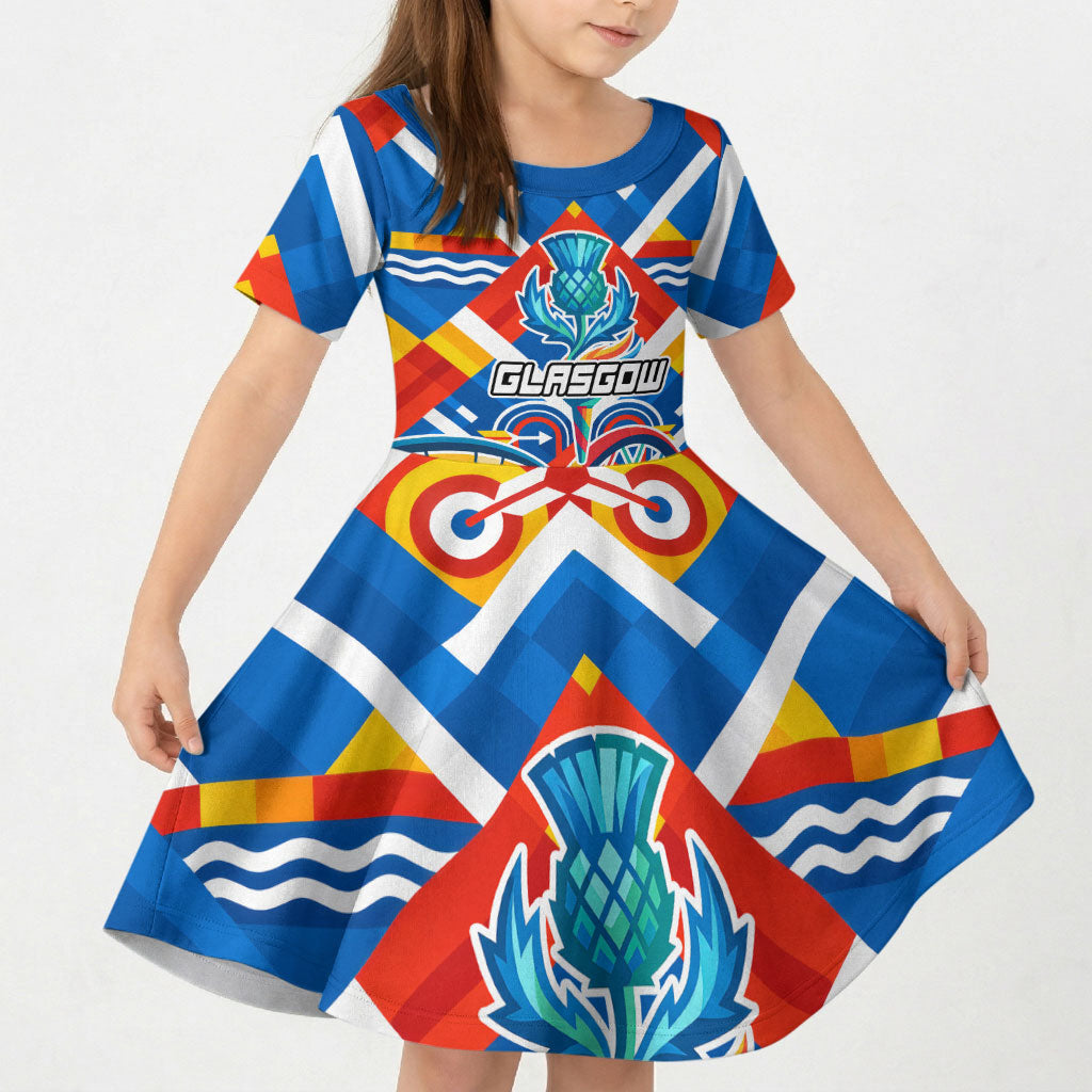 Glasgow 2026 Scotland Kid Short Sleeve Dress Thistle Vibrant Tartan Cartoon Character