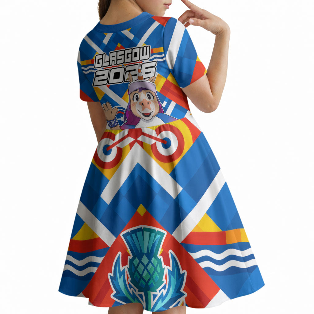 Glasgow 2026 Scotland Kid Short Sleeve Dress Thistle Vibrant Tartan Cartoon Character