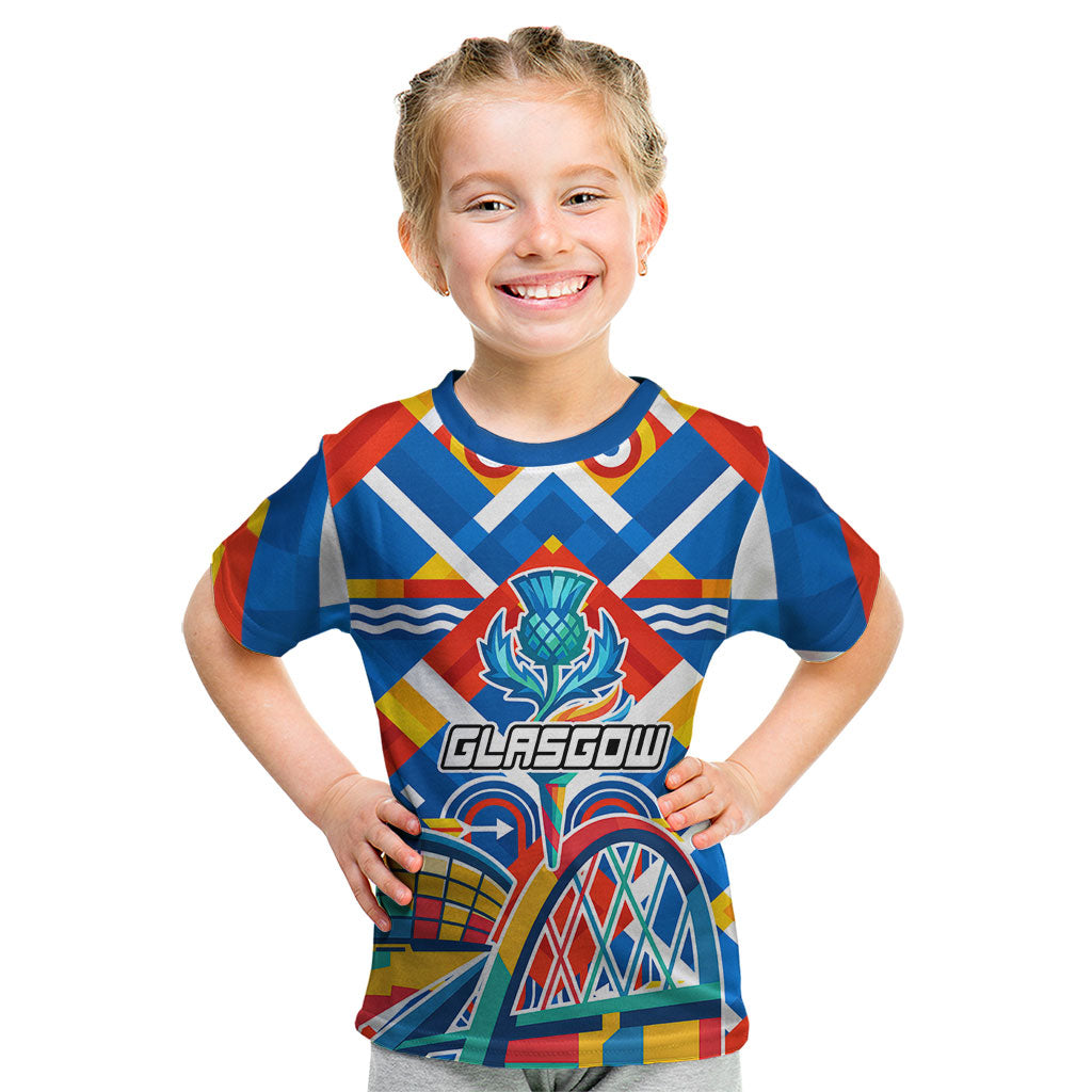 Glasgow 2026 Scotland Kid T Shirt Thistle Vibrant Tartan Cartoon Character