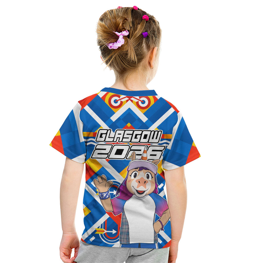 Glasgow 2026 Scotland Kid T Shirt Thistle Vibrant Tartan Cartoon Character