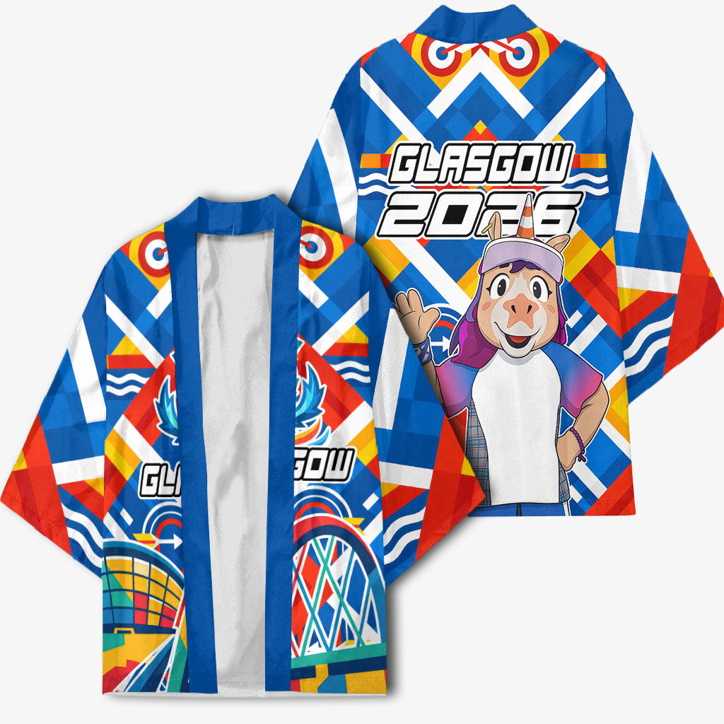 Glasgow 2026 Scotland Kimono Thistle Vibrant Tartan Cartoon Character