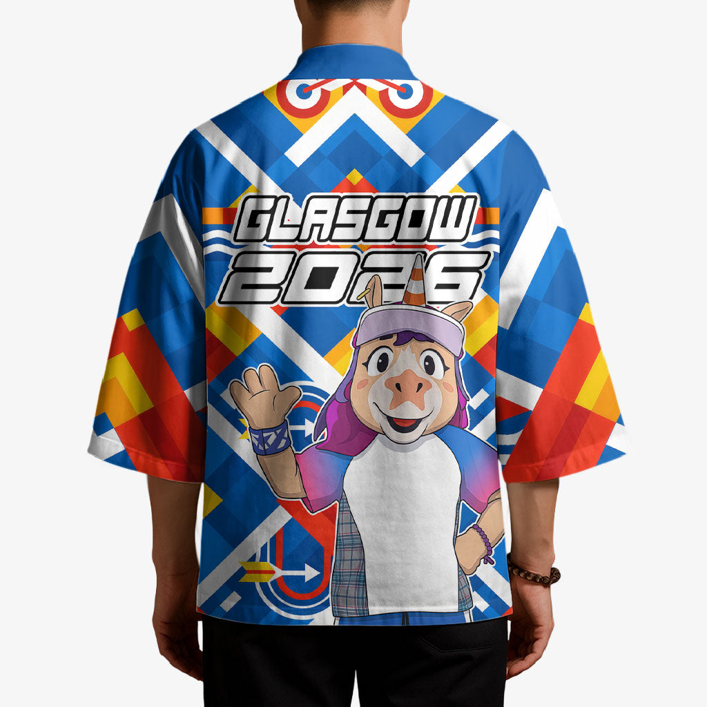 Glasgow 2026 Scotland Kimono Thistle Vibrant Tartan Cartoon Character