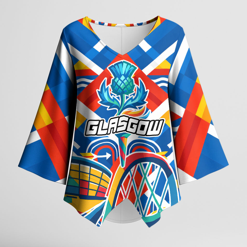 Glasgow 2026 Scotland Kimono Sleeve Blouse Thistle Vibrant Tartan Cartoon Character